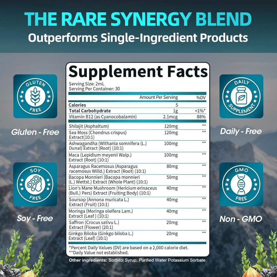 OEM Liquid Drops with Irish Moss, Ashwagandha, Maca, Lion's Mane Mushroom, and Soursop for Energy, Antioxidants, and Immune Support