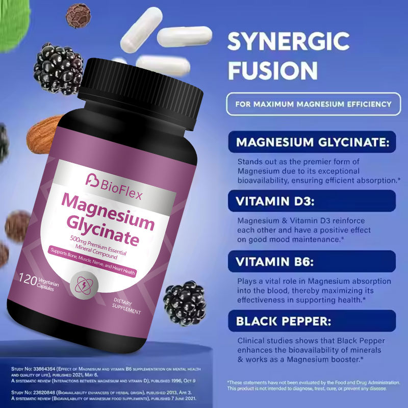 Private Label Natural Vegan Magnesium Glycinate Capsules with Vitamin B6 & D3
