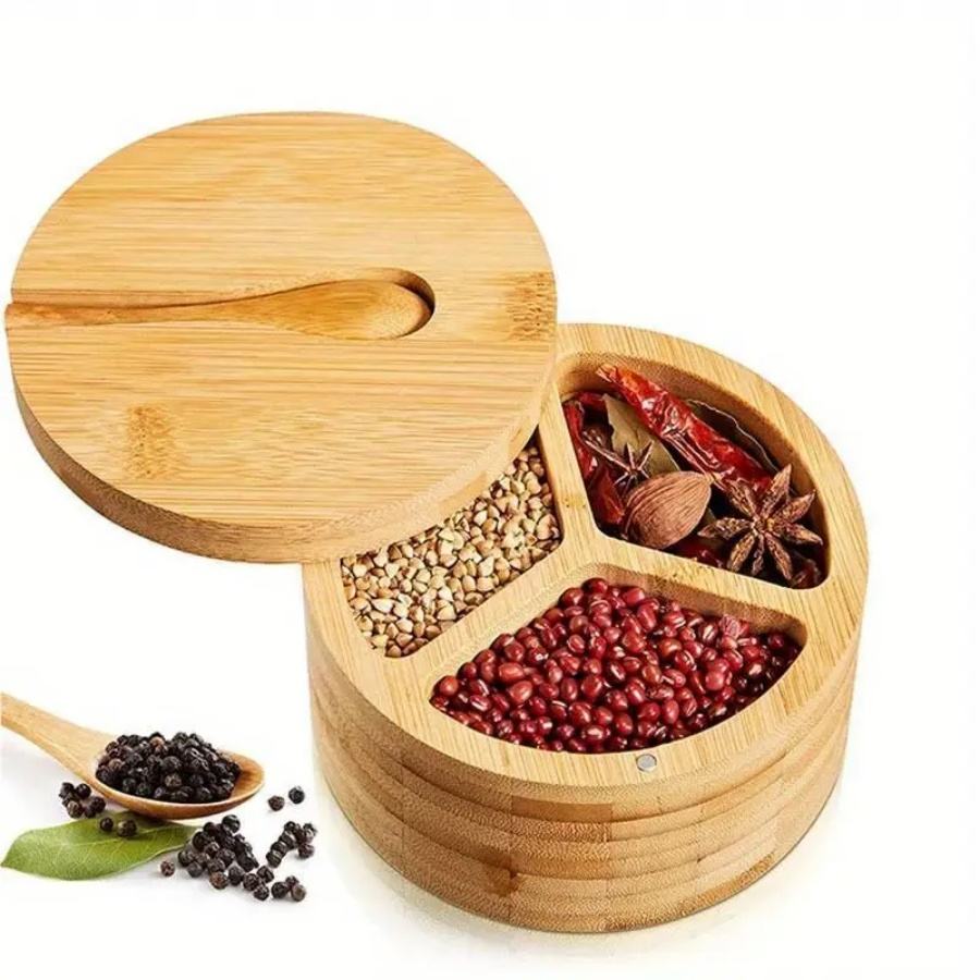 Hot Sale 3 Grid Rotating Wooden Kitchen Spice Boxes Magnetic Spice Containers Spice Storage Box Glass