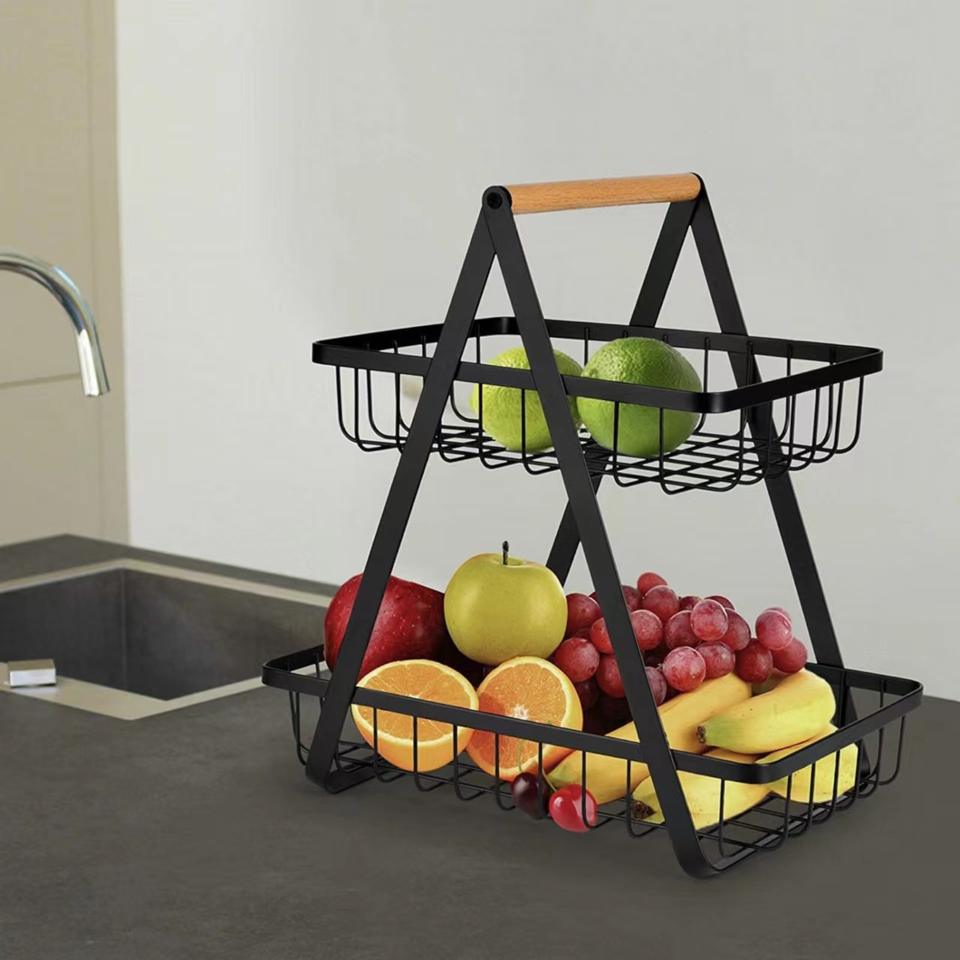 2 Tier Metal Grid Hanging Fruit Basket Storage Bin for Dining Table