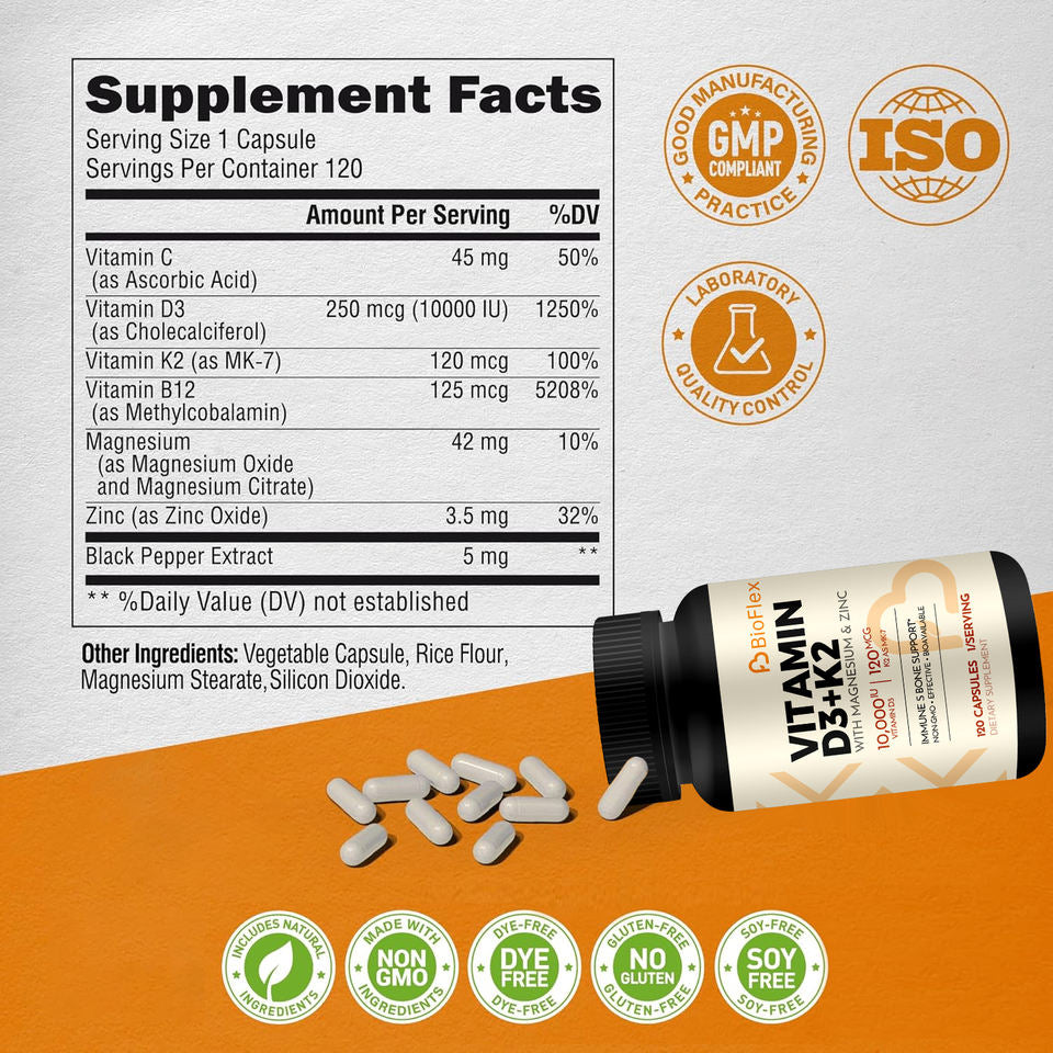 BioFlex Wholesale High-Quality Extra Strong Formula Vitamin D3 and K2 & B12 Capsules Dietary Supplement with Magnesium & Zinc