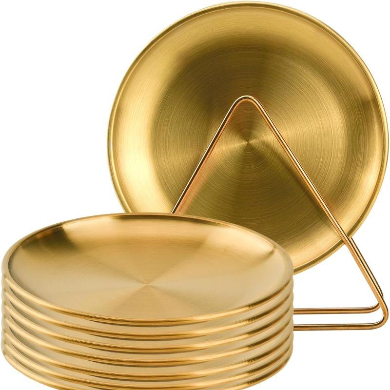 6-Piece 6.6-Inch Appetizer Plate Set with Stand, Stainless Steel Round for Cakes Desserts, Salads, Dips, Snacks, Sides