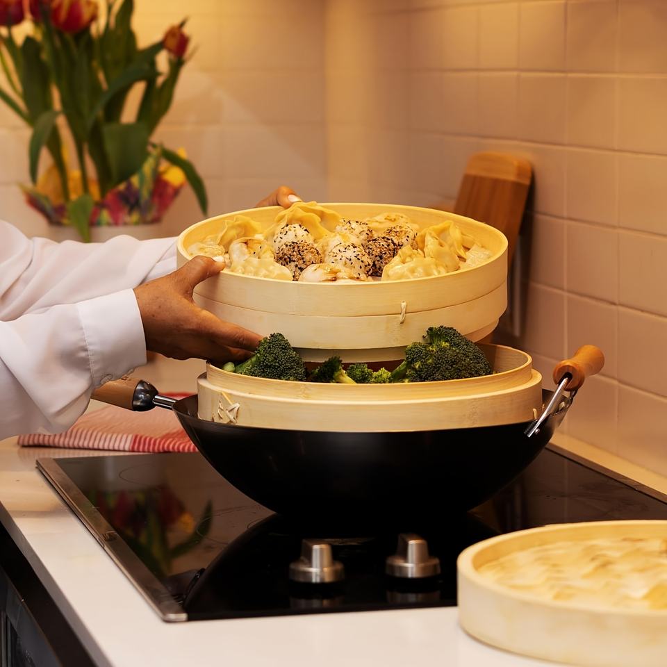 2-Tier Bambus Steamer Basket Set with Wood Base for Gas Stove Home Use Dumpling Food Steaming Asian Cuisine