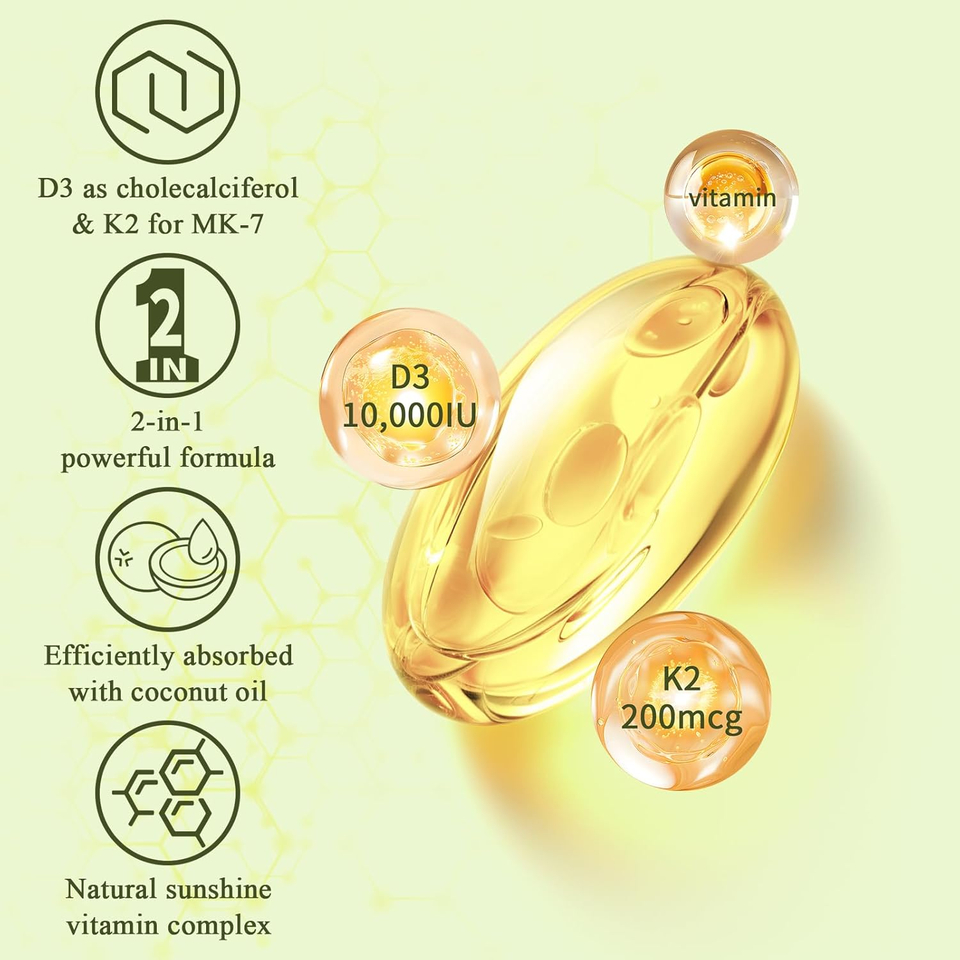 OEM Private Label High Absorption Vitamin D3 10000 IU Plus K2 (MK-7) 200 µg Softgel Capsules Dietary Supplement with Coconut Oil