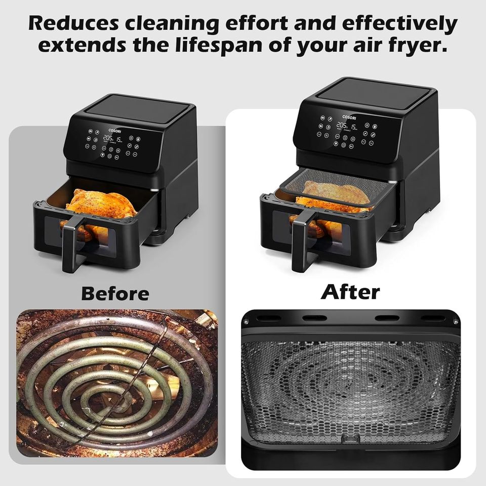 COSORI 6.2L Stainless Steel Air Fryer with Accessory Set, Splatter Screen Lid, and Rack Combo for Heating Cookware Parts