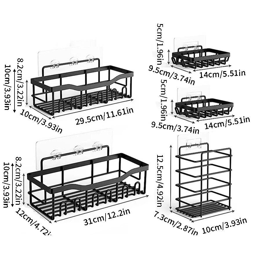 Bathroom Organizer Rack Self-Adhesive Black Wall Shelf Storage Basket