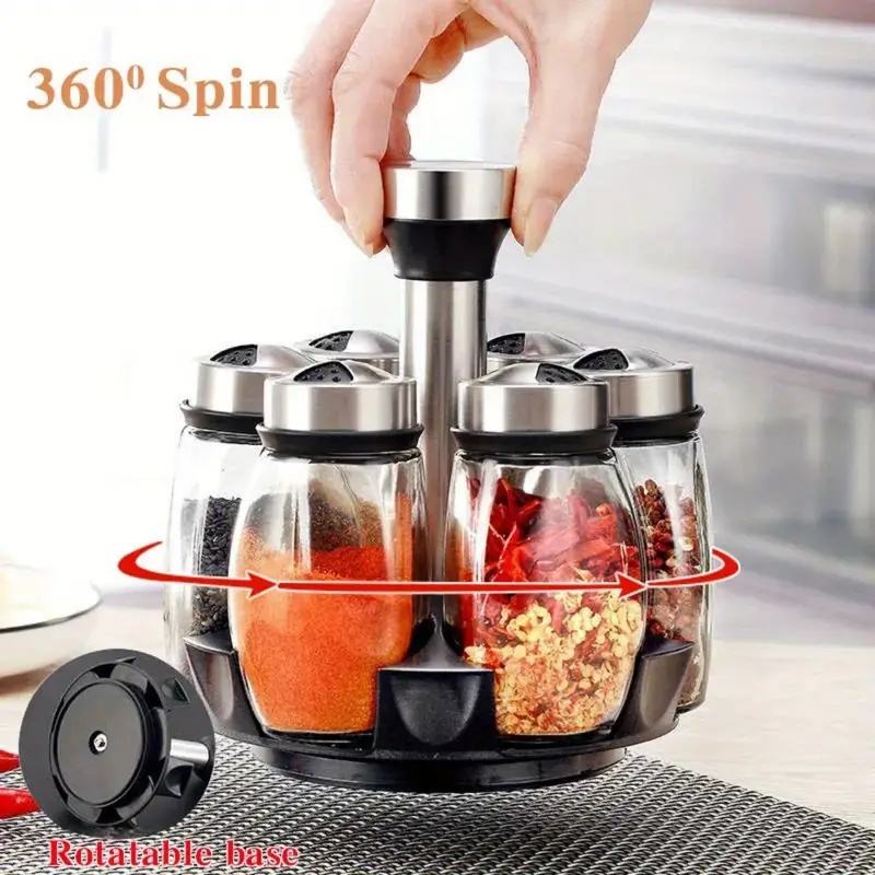 Multifunctional Rotating Kitchen Spice Rack with 6 Spice Jars Set for Home/Dorm/Restaurant