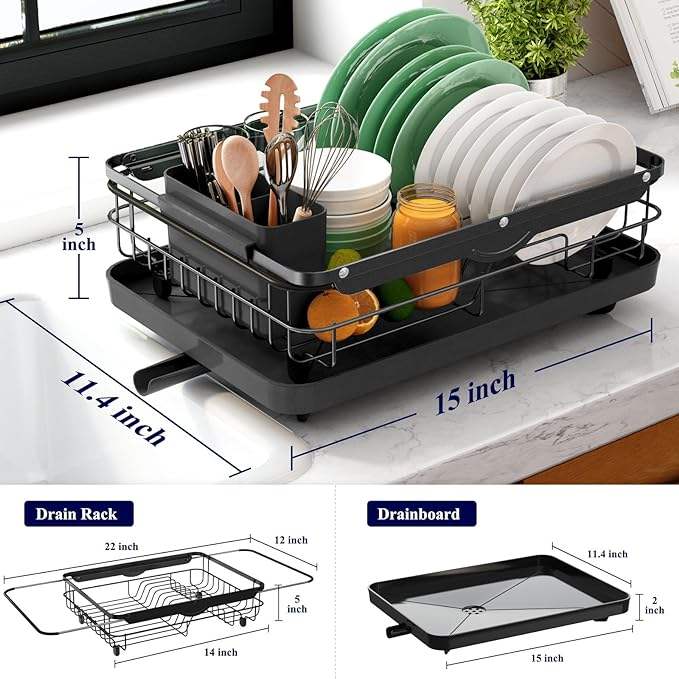 Space-Saving Dish Drying Rack for Kitchen Countertop and Sink with Utensil Holder