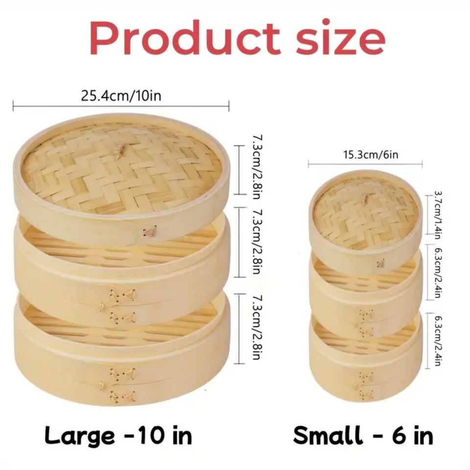Bamboo Steamer for Traditional Dumplings, Vegetables, Dim Sum, Buns, Fish, and Meat