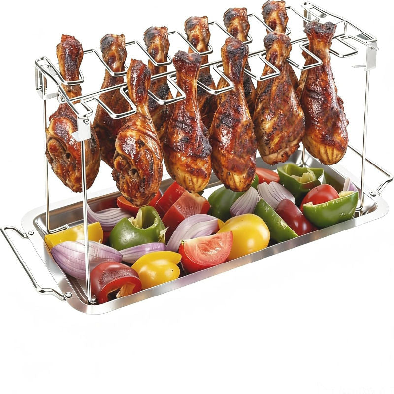 Stainless Steel Folding Chicken Leg Rack with Drip Pan - Ideal for Outdoor BBQs