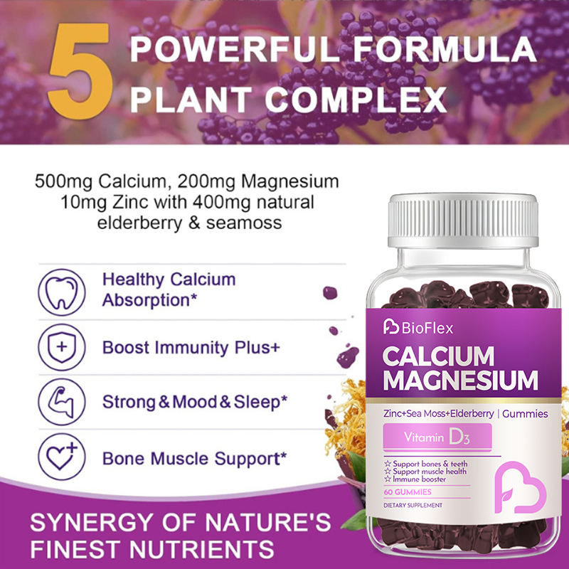 OEM Calcium-Magnesium Gummy Bears Plant-Based Calcium Supplement with Irish Moss & Elderberry for Bone, Muscle, Calm Mood, and Sleep Support