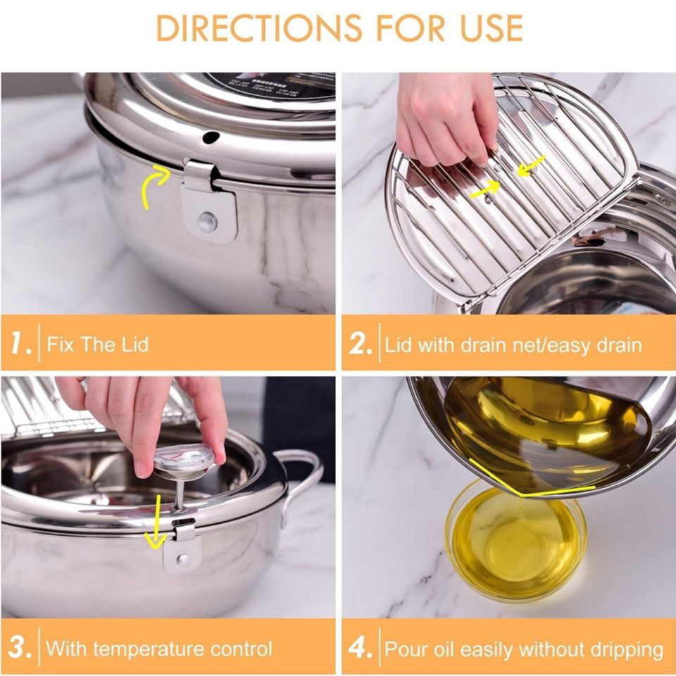 Multifunctional Stainless Steel Oil Fryer Pan with Thermometer 1-2L Capacity
