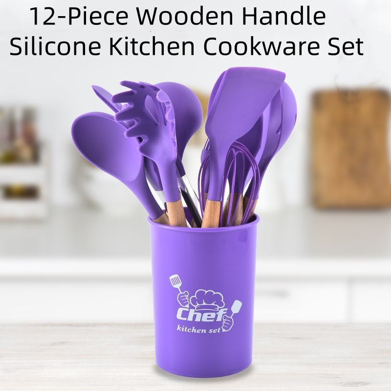 High-Quality 12-Piece Silicone Kitchen Utensil Set with Wooden Handle - Non-Stick Spoon, Ladle, Spatula, Tongs Kitchen Tool