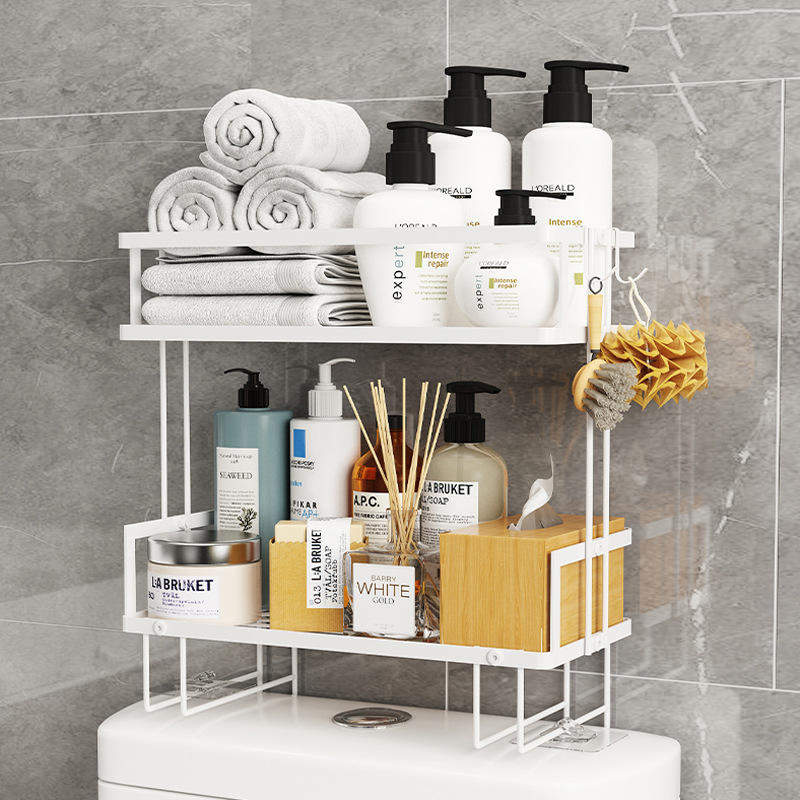 Self-Adhesive Bathroom Wall Shelf Above Toilet 2-tier Rack Space-saving Bathroom Shelves with Hooks