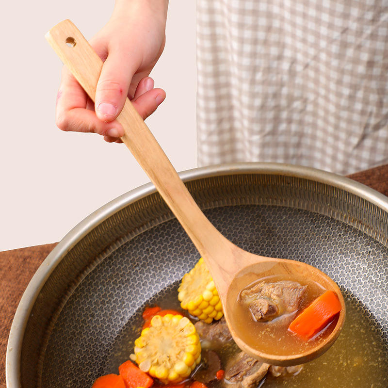 Long-Handled Non-Stick Wood Spatula and Spoon Set for Home Use
