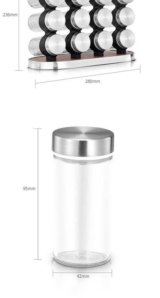 Rotating Stainless Steel Spice Rack with Glass Jars and Wood Hanging Storage for Kitchen