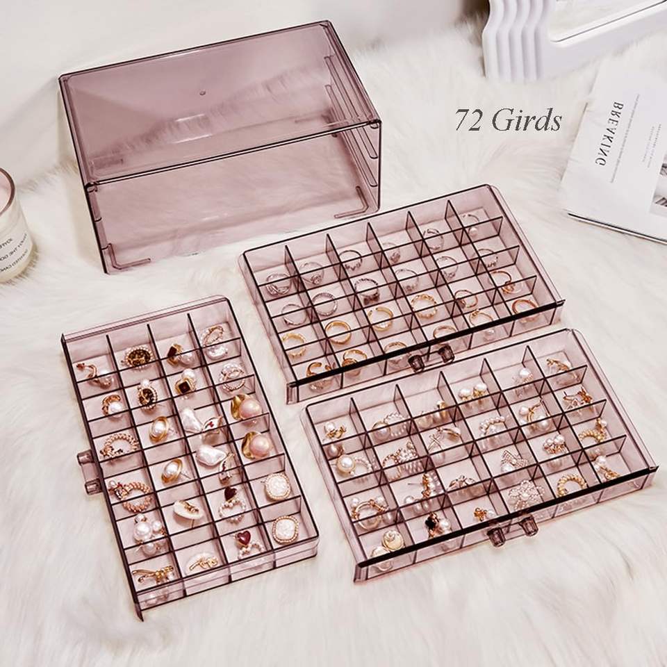 Earring Organizer Stand with 3 Drawers Acrylic Jewelry Storage Box Transparent Jewelry Display Stand with 72 Small Compartments