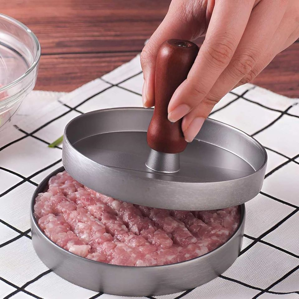 Aluminum Alloy Burger Press with Heat-Resistant Handle Hamburger Tool for BBQ Grill Plate Wooden Anti-Stick Meat Press