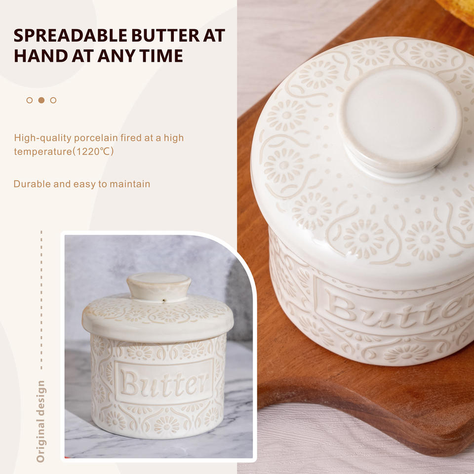 Keramik French Butter Dish with Lid for Countertop, Butter Keeper with Water Line for Fresh Spreadable Butter