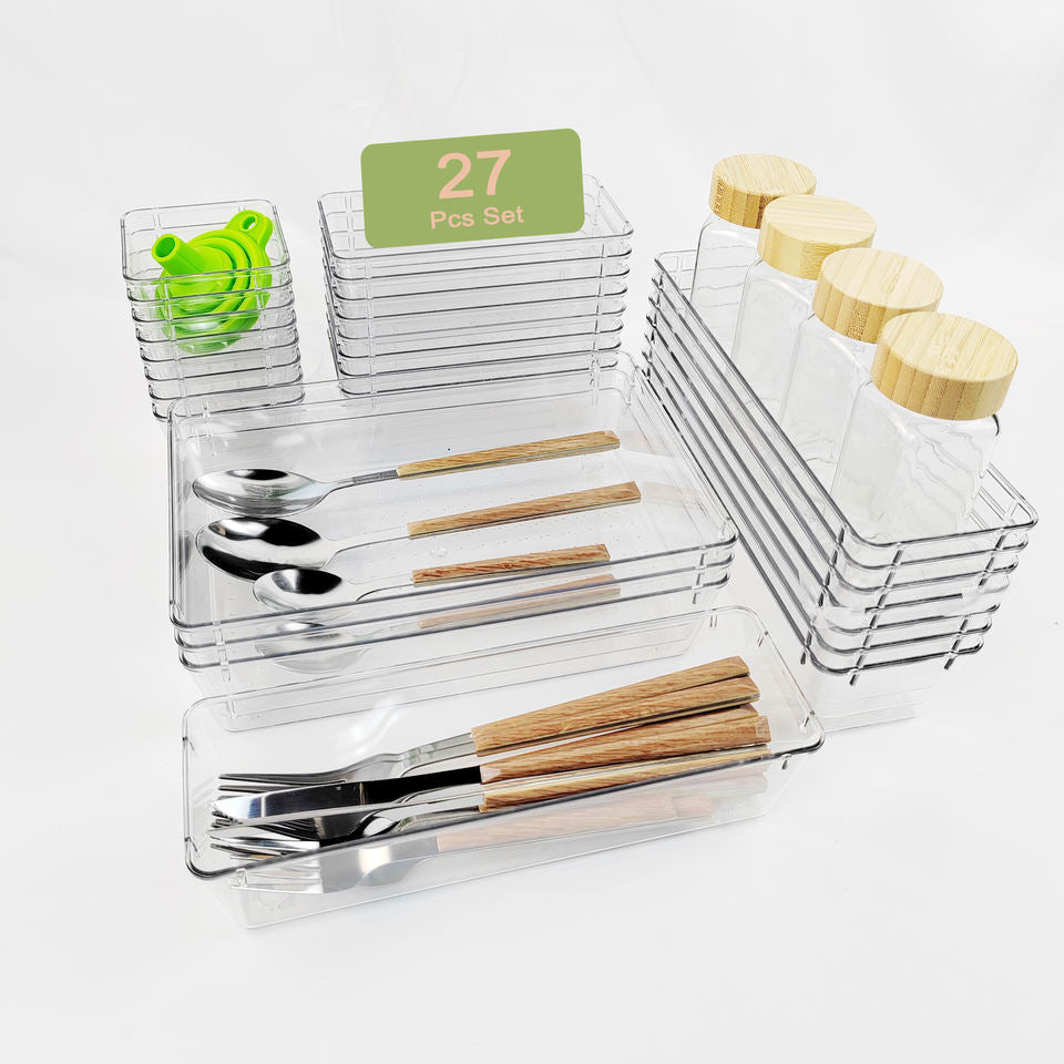 Plastic Drawer Organizer for Kitchen, Wardrobe, Bathroom, Office - Set of 10/17/27 Pieces