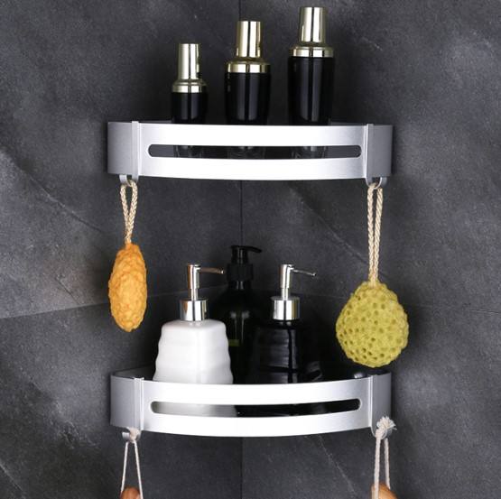 Aluminum Shower Caddy Shelf with Hooks for Bathroom Kitchen Storage Organizer Adhesive No Drilling
