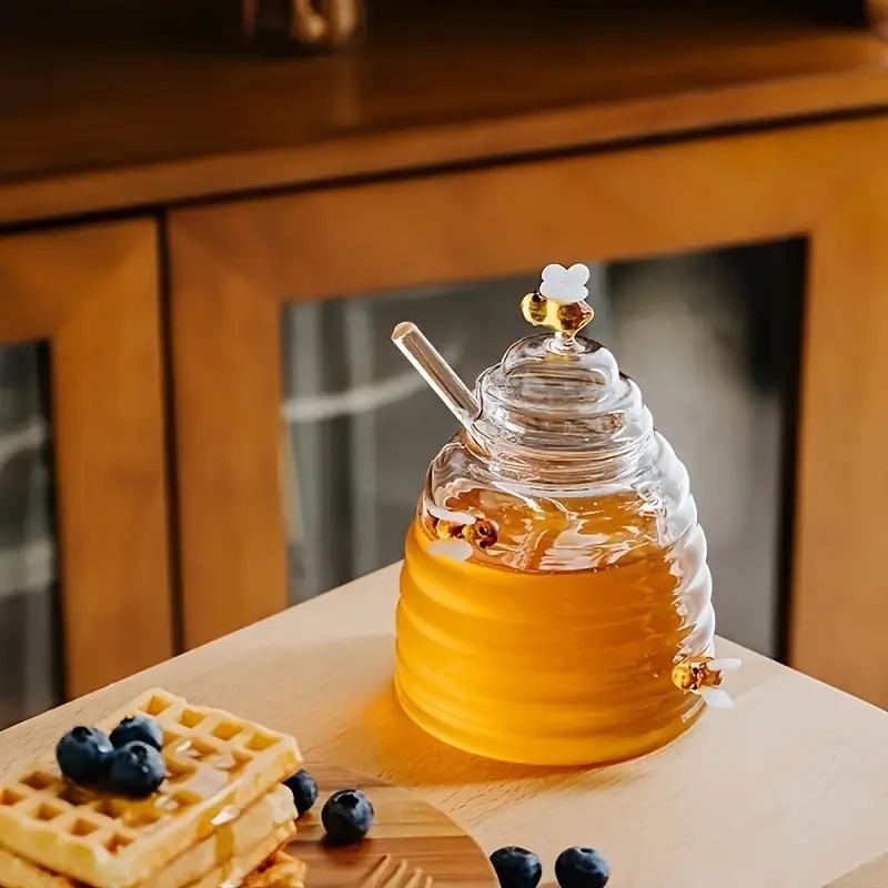Bestselling Wholesale Honey Jars with Stirrer and Lid Unique Transparent Honey Dispenser Small Glass Jars for Honey