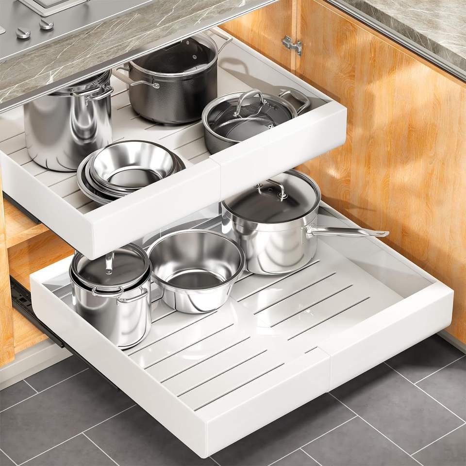 Expandable Kitchen Cabinet Organizer Heavy-Duty Pull-Out Cabinet Shelves with Dividers