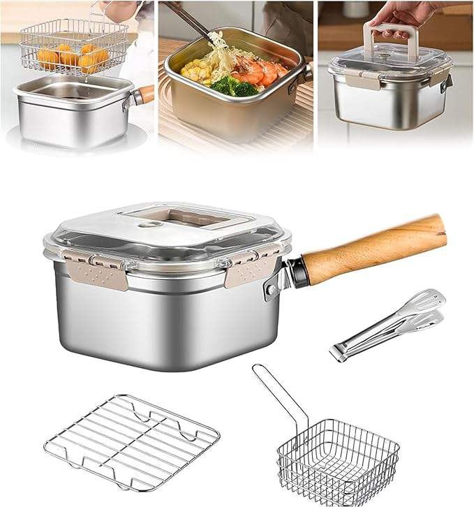 Portable Stainless Steel Fryer with Basket, Lid, Handle, and Oil Filter Sieve