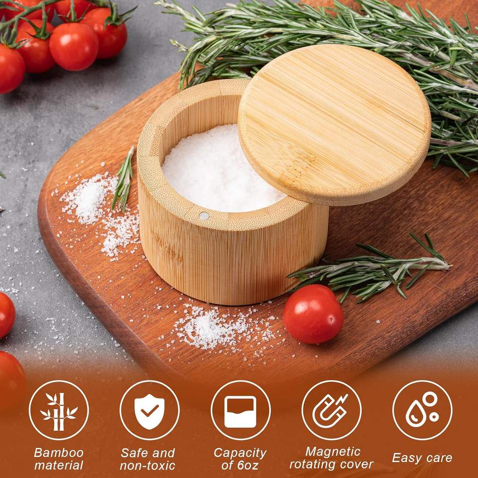 Bamboo Rotating Lid Magnetic Ceramic Salt Pepper Container Dry Food Storage Kitchen Organizer