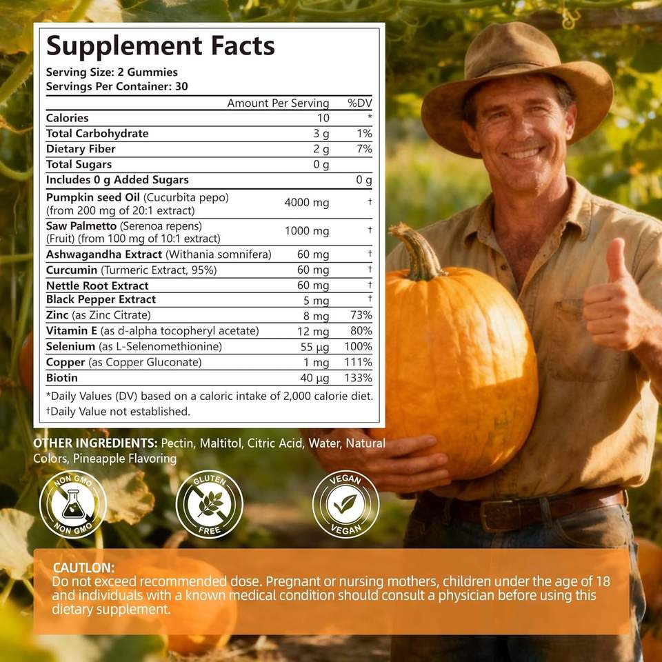 5200mg Cold-Pressed Pumpkin Seed Oil Extract Gummies with Biotin & Ashwagandha for Hair Growth, Prostate, and Skin Health