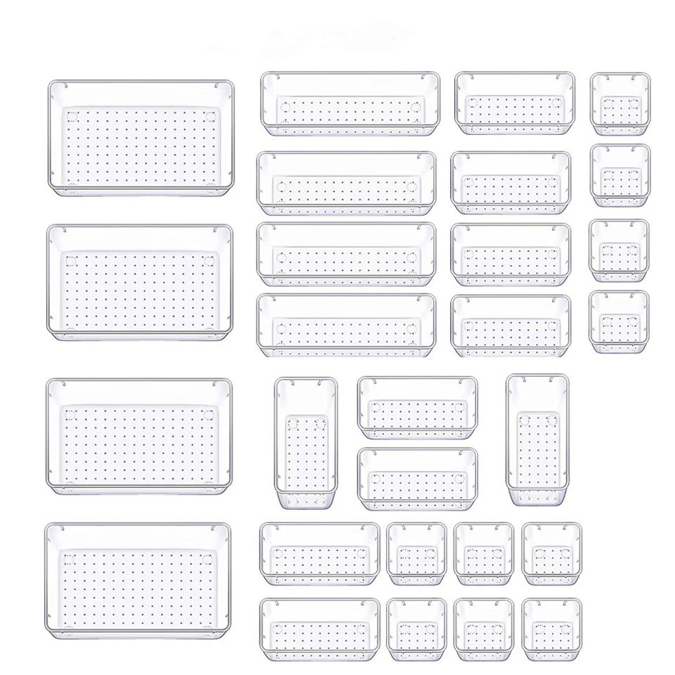 28-Piece Multifunctional Clear Drawer Organizer Set Plastic Utensil Storage Box Makeup/Jewelry/Bedroom/Office Storage Containers