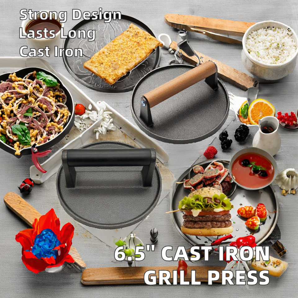 High-Performance 6.5'' Cast Iron Grill Press for Cooking Sandwiches with Teak Smash Burger Press