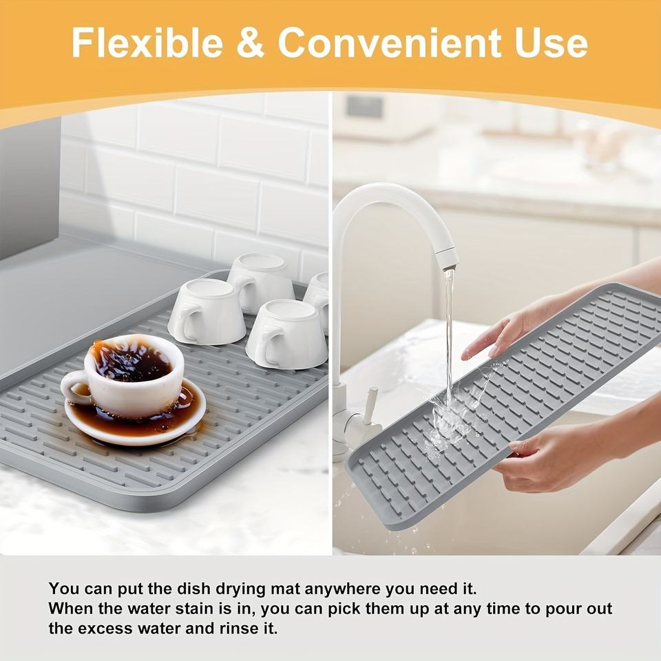 Silicone Coffee Mat, 24'' x 16'' Coffee Bar Mat with Removable Dish Drying Mat for Kitchen Countertops, Coffee Bar Accessories