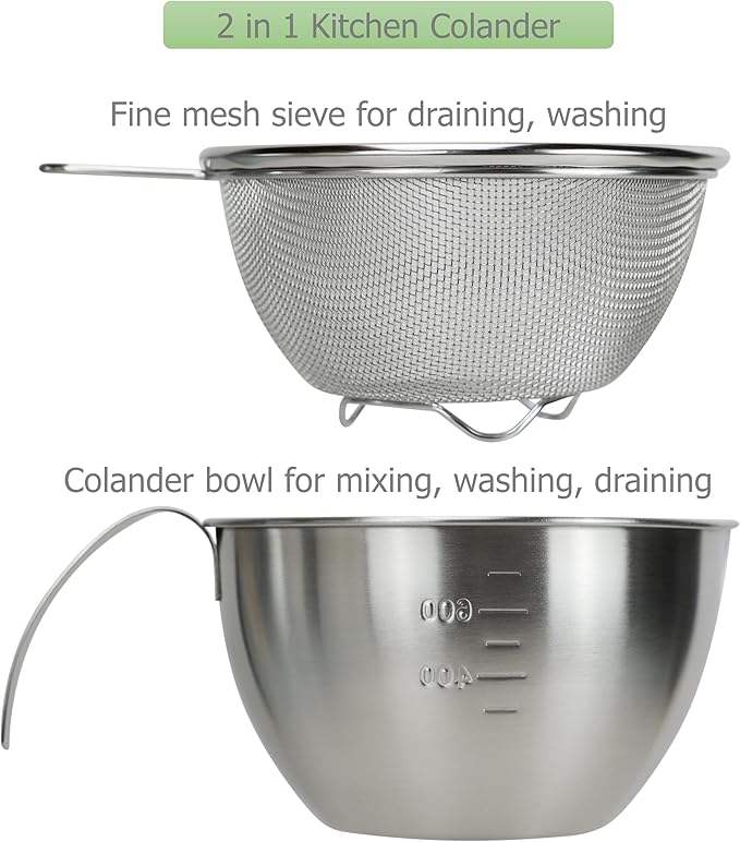Stainless Steel Mixing Bowl with Kitchen Drain Basket, Sieve Bowl, Baking Mold, Measuring Cup with Handle
