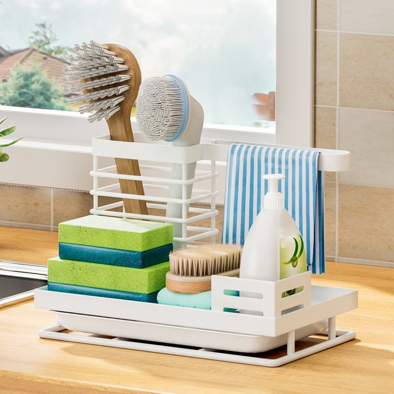 Metal Sink Caddy Sponge Holder for Kitchen Sink Shelf Countertop Brush Organizer and Towel Rack