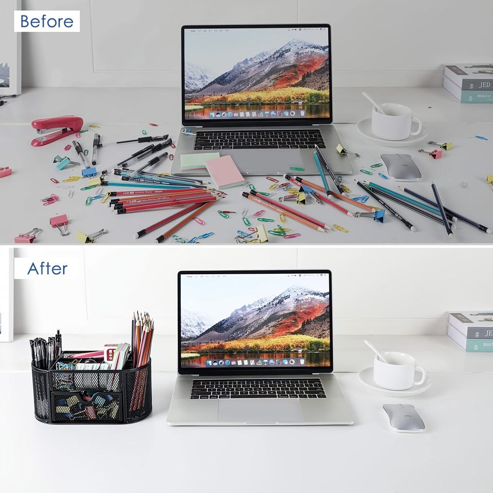 Creative Metal Desk Storage Box with Drawer and 9-Compartment Network Design Pen Holder