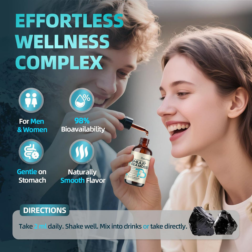 BioFlex 12-in-1 Shilajit Liquid Drops with Irish Moss, Ashwagandha & 85+ Trace Minerals Fulvic Acid for Men and Women
