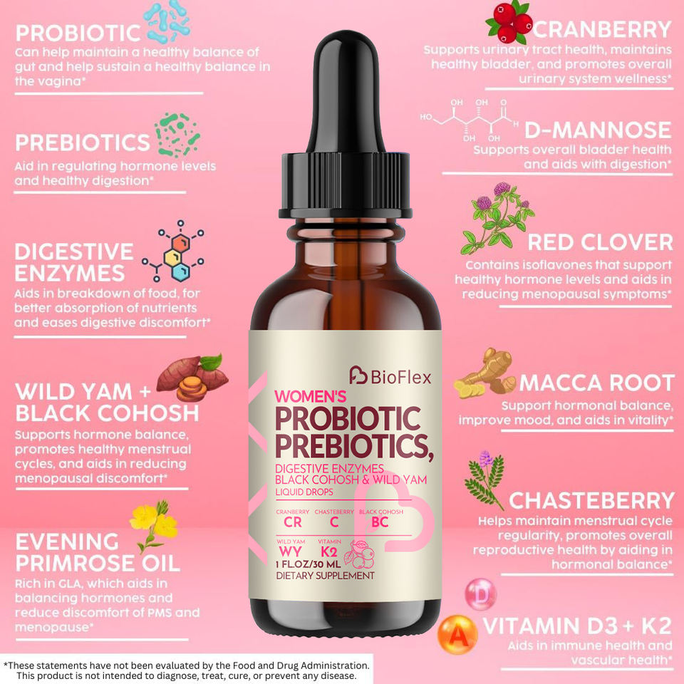 Probiotic Supplement for Women with Chasteberry, Black Cohosh, Prebiotics, Digestive Enzymes, Iron & Vitamin D3 K2 for Gut Health