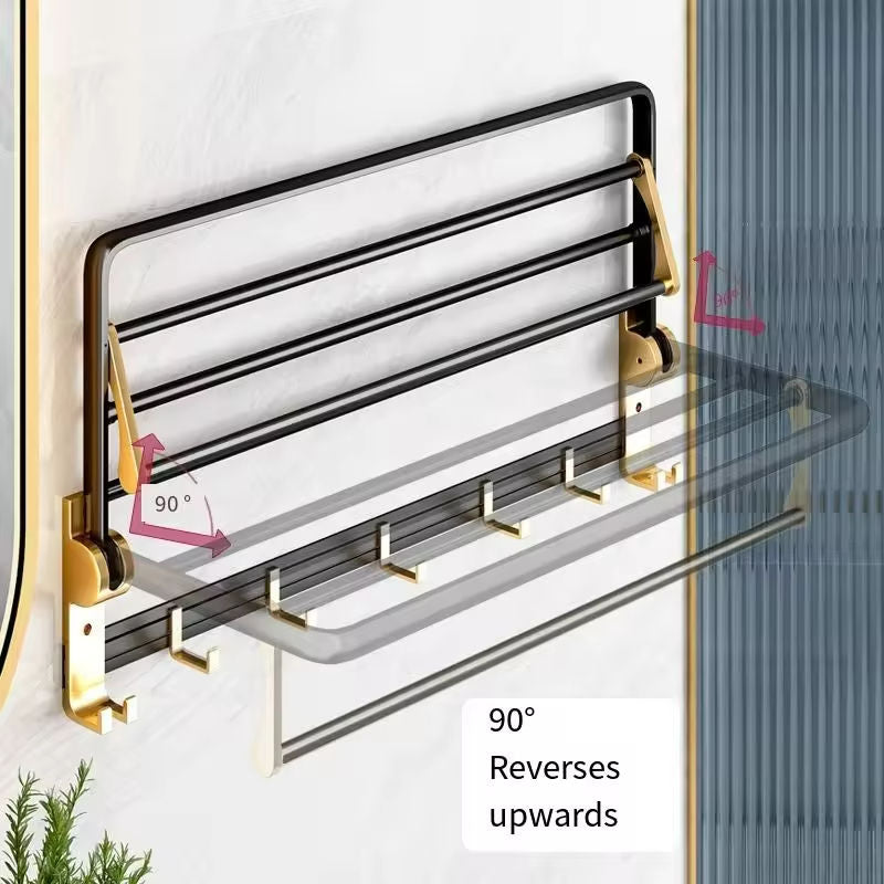 9-Piece Aluminum Folding Storage Rack Hardware Set in Black and Gold Towel Holder Shelf Bathroom Shelves