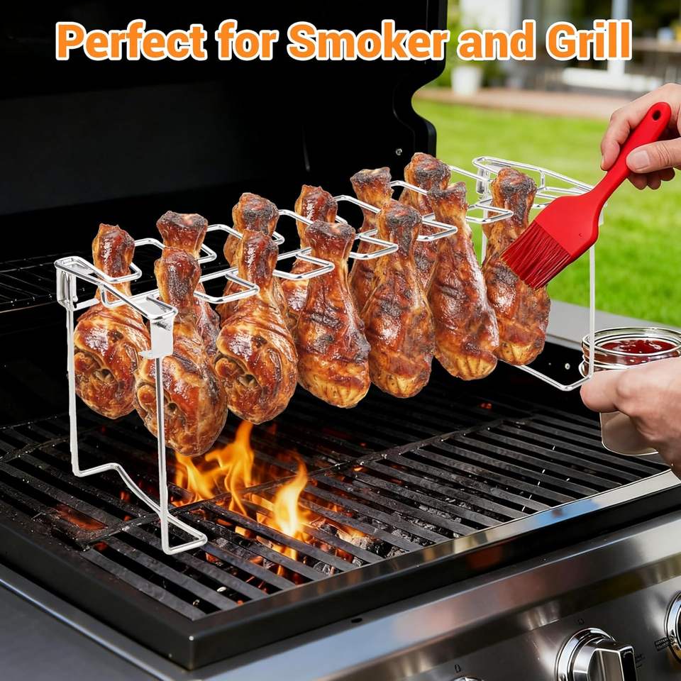 Stainless Steel Chicken Leg Holder with Drip Pan, Foldable Oven Smoker Stand, Easy to Clean, Charcoal Chicken Leg Rack for Outdoor BBQs and Home Use