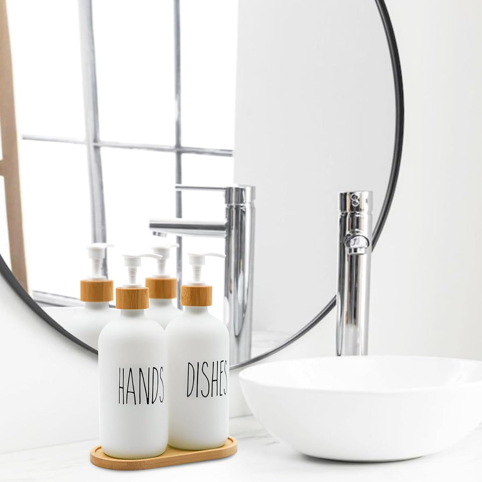 Modern Glass Soap Dispenser with Wooden Base, Hand Pump for Kitchen/Bathroom Countertop Design