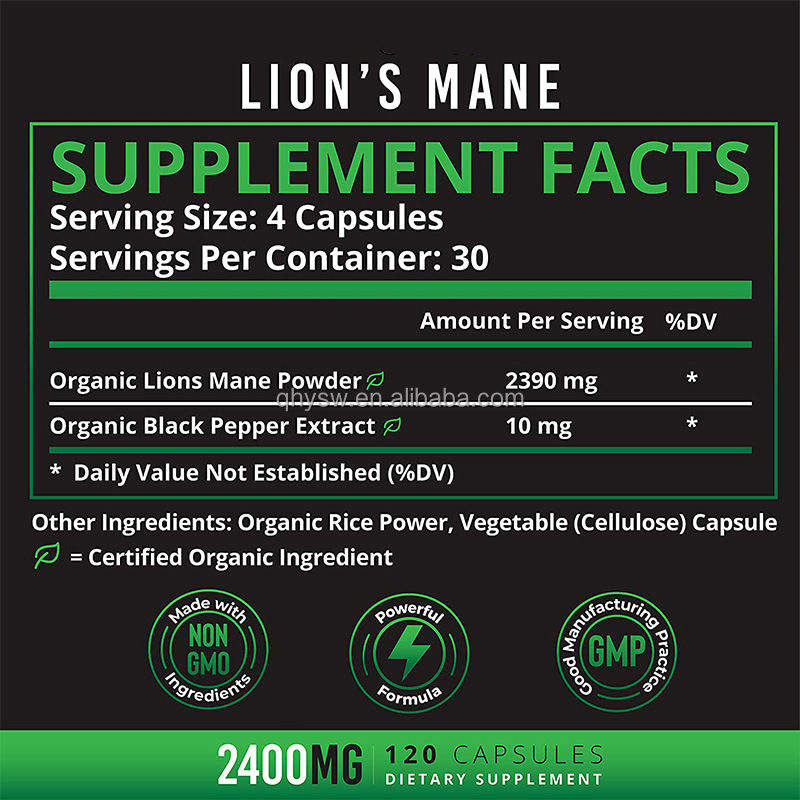 OEM Wholesale Vegan Organic 2400mg Lions Mane Mushroom Black Pepper Powder Capsules Herbal Extract Adult Bulk Private Label