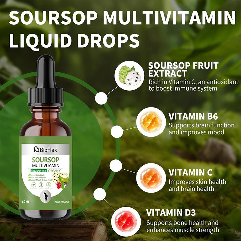 OEM Private Label 60ml Natural Vegan Soursop Graviola Extract Liquid Drops Dietary Supplement with Multi Vitamins B6 C & D3