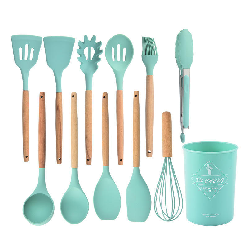 High-Quality 12-Piece Silicone Kitchen Utensil Set with Wooden Handle - Non-Stick Spoon, Ladle, Spatula, Tongs Kitchen Tool