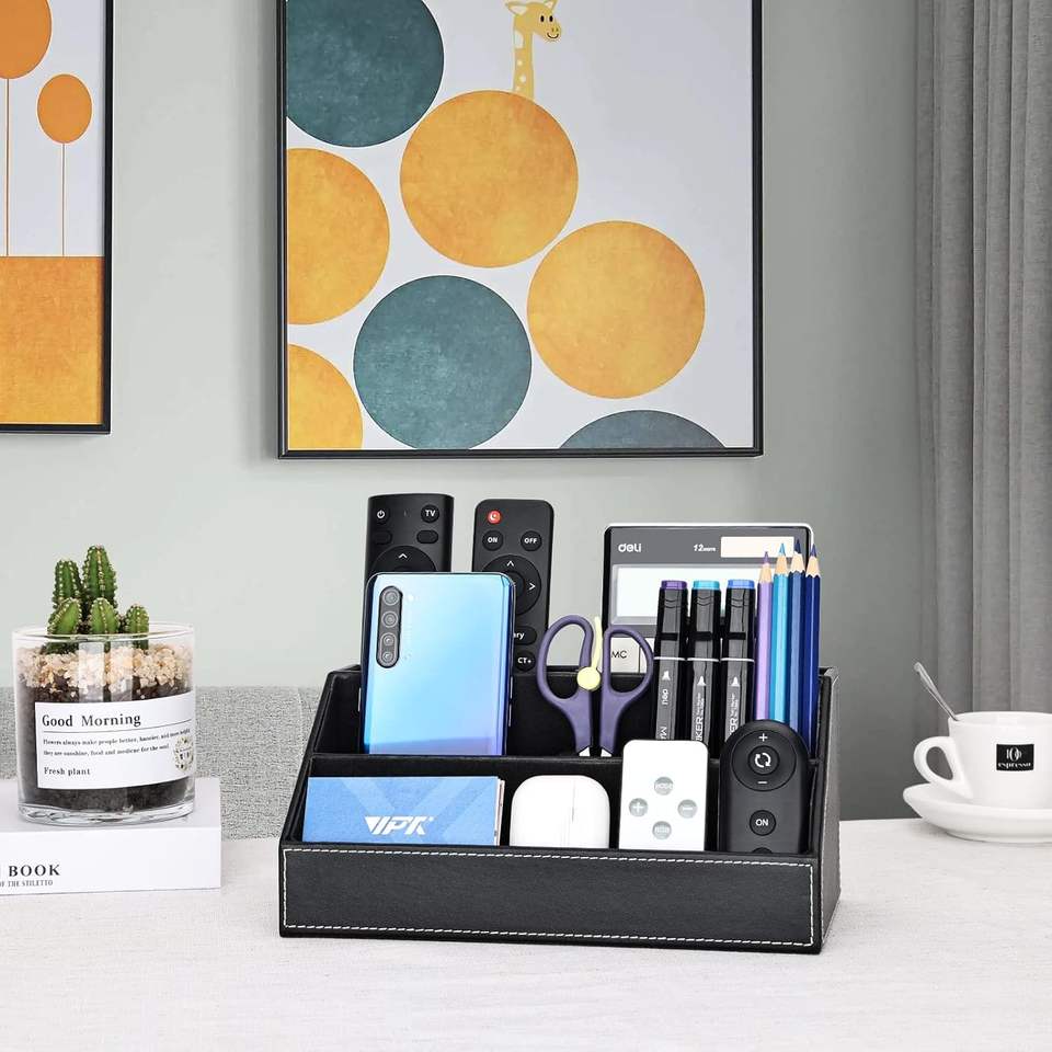 Multifunctional Student Desktop Pen Holder in Japanese and Korean Style Creative Leather Stationery Storage Box with Containers