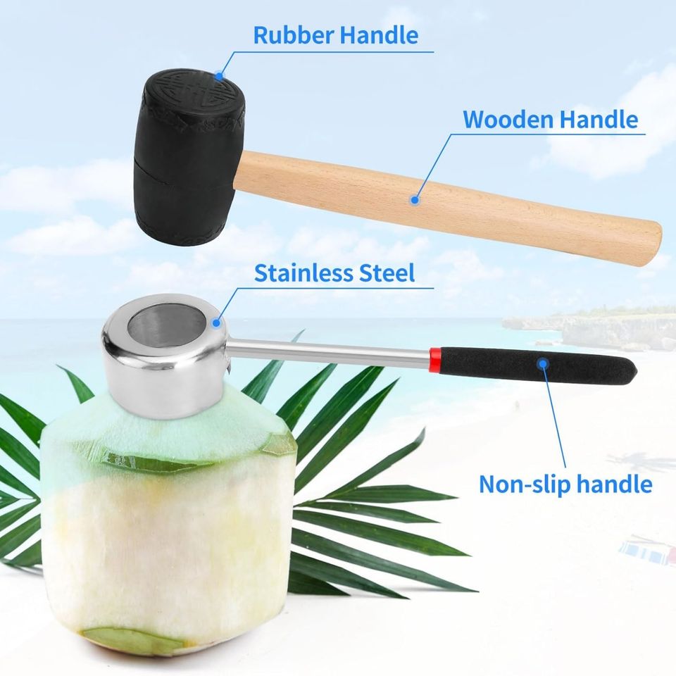 Premium Stainless Steel Coconut Opener Set with Rubber Mallet and Wood Handle Shell Cutter
