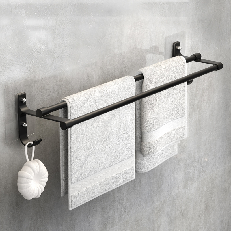 Modern Drill-Free Aluminum Double Rod Wall Towel Rack with Shelf for Bathroom and Toilet Bathroom Shelves