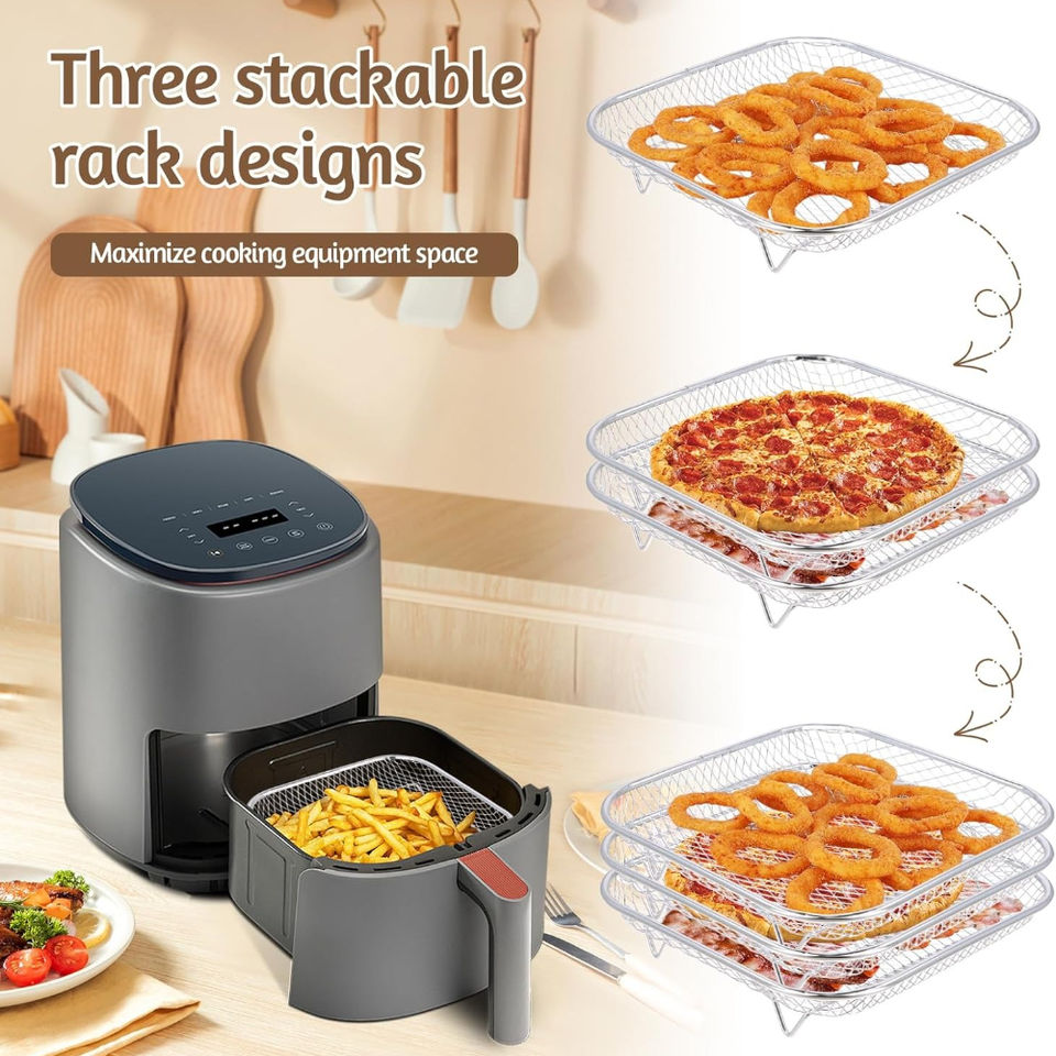 Stackable Hot Air Fryer Basket with Silicone Feet and 1 Pair of Tongs, Accessory Basket for Air Fryers, Ovens, and Pressure Cookers