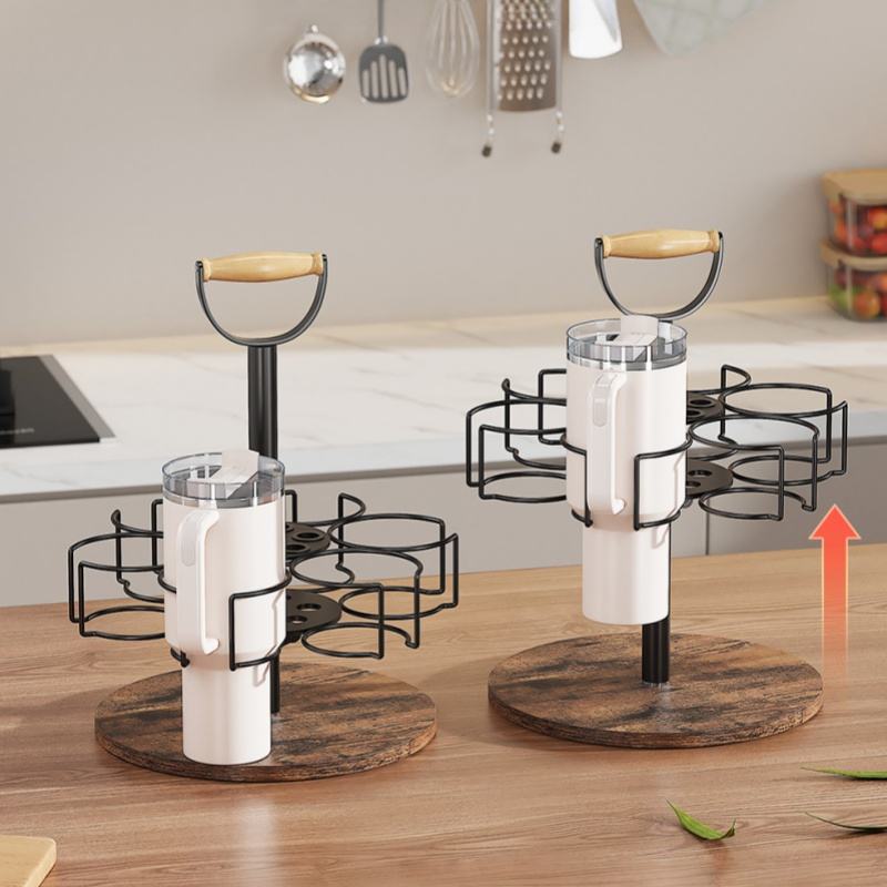 360° Rotating Iron Cup and Straw Holder with Adjustable Storage Shelf