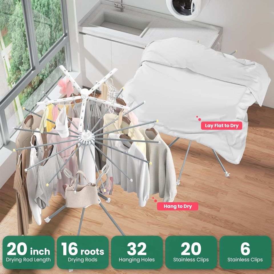 Collapsible Laundry Drying Rack with Adjustable Shelves and Rust-Resistant Carbon Steel Construction